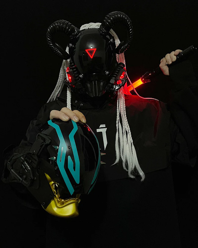 Black Goat Horns LED Cyberpunk Helmet Mask - Image 3