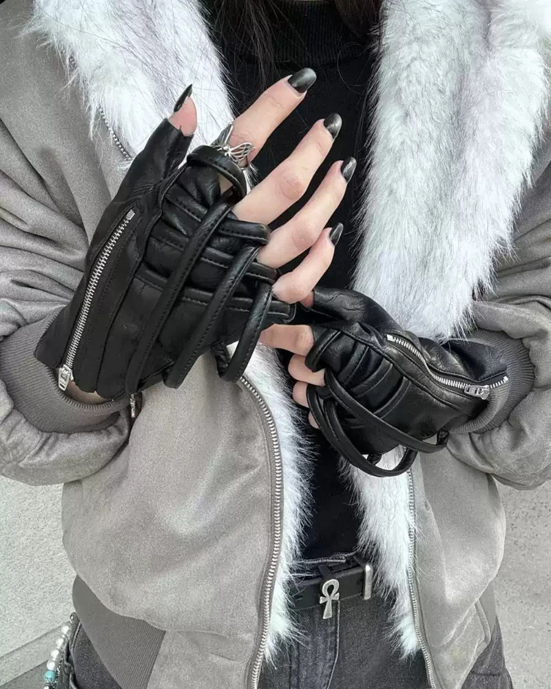 Cyberpunk Functional Zipper Motorcycle Fingerless Gloves - Image 5