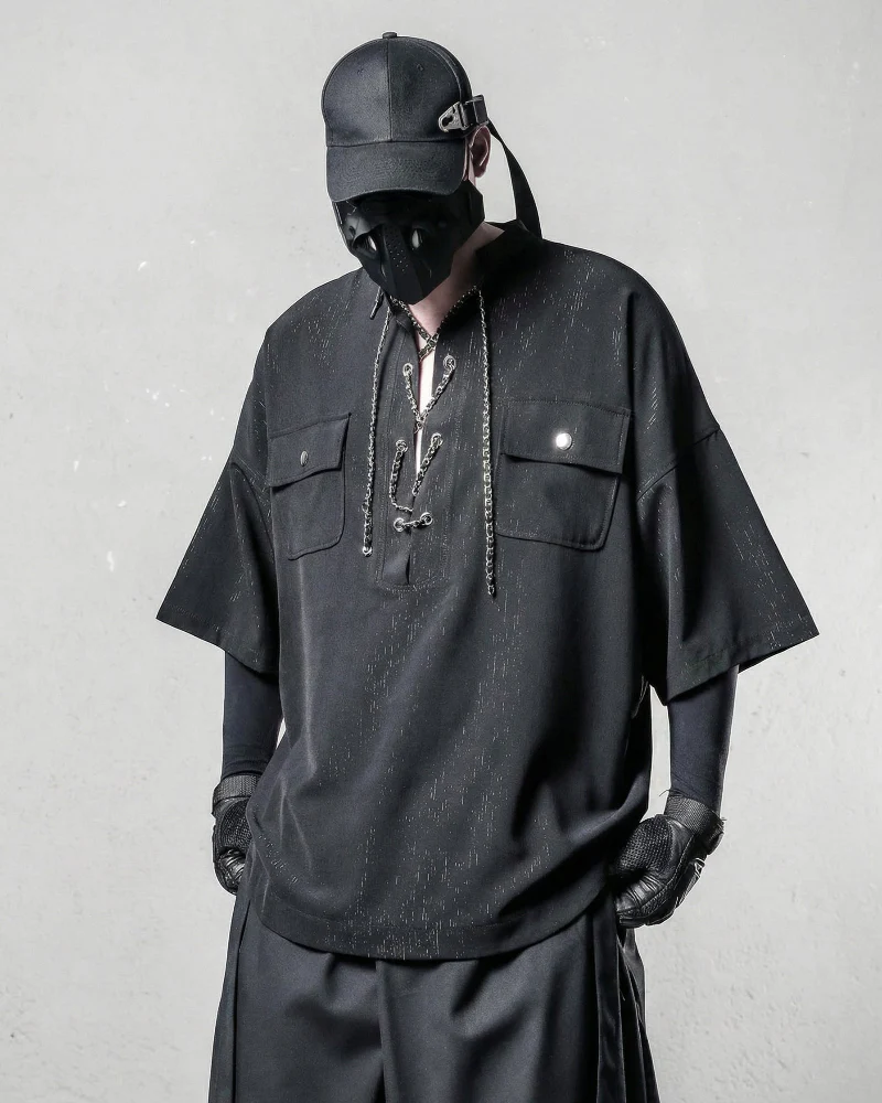 Darkwear Chain Lace-Up Textured Short Sleeve Shirt - Image 3