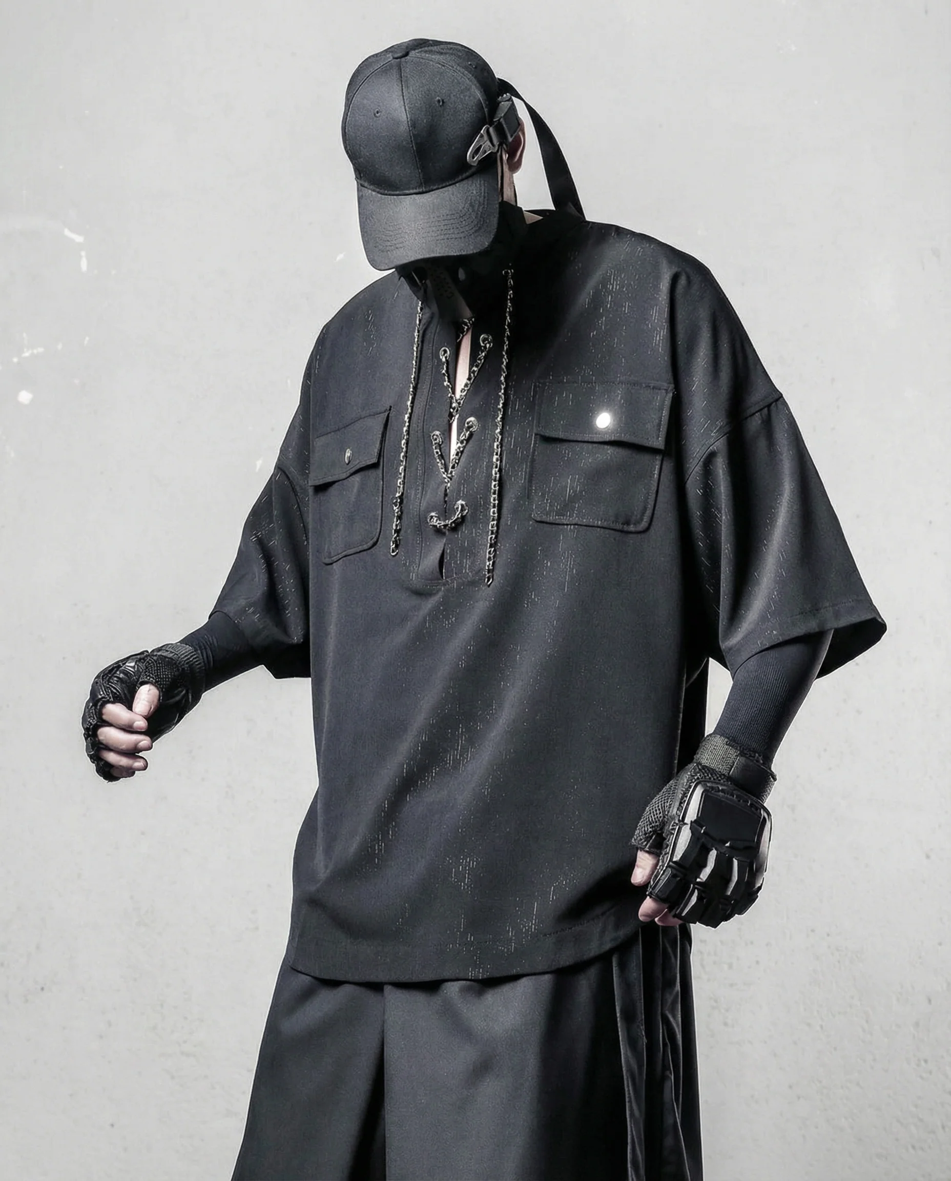 Darkwear Chain Lace-Up Textured Short Sleeve Shirt - Image 5
