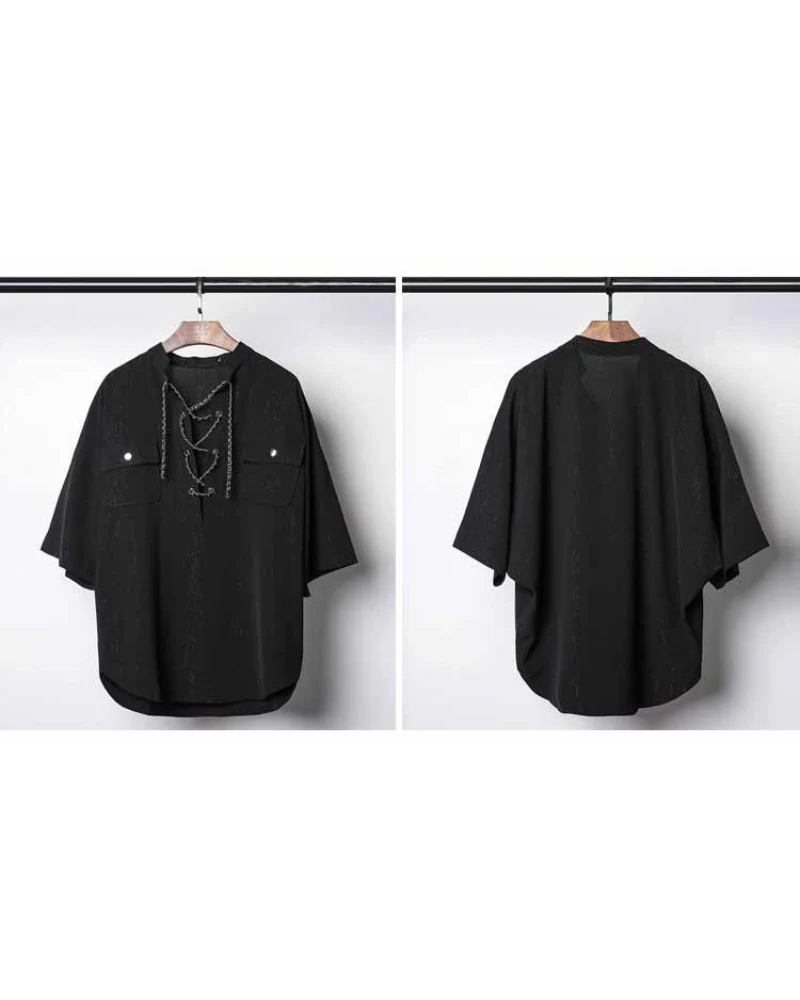 Darkwear Chain Lace-Up Textured Short Sleeve Shirt - Image 8