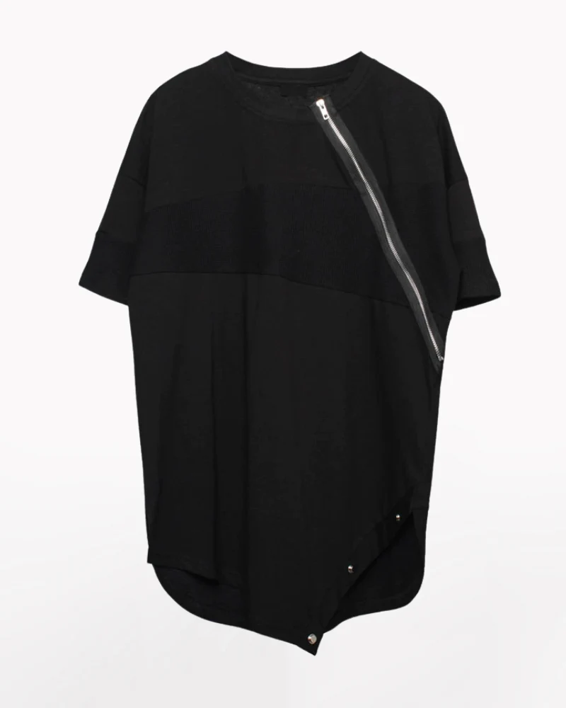 Functional Irregular Stitching Zipper Triangle Hem T-Shirt - Image 2