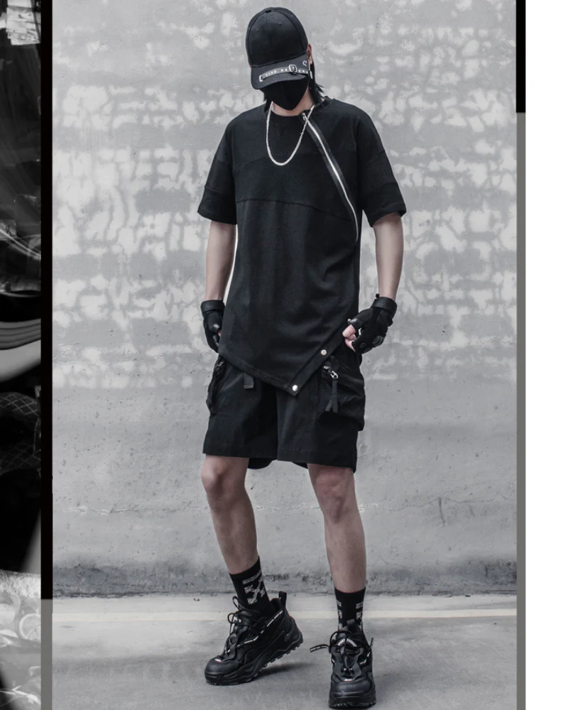 Functional Irregular Stitching Zipper Triangle Hem T-Shirt - Image 5