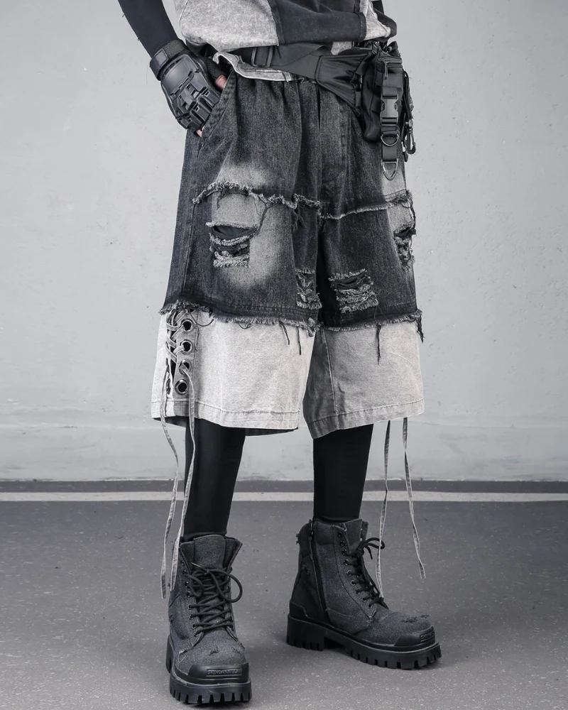High-Street Wasteland Ripped Hem Washed Denim Shorts - Image 3