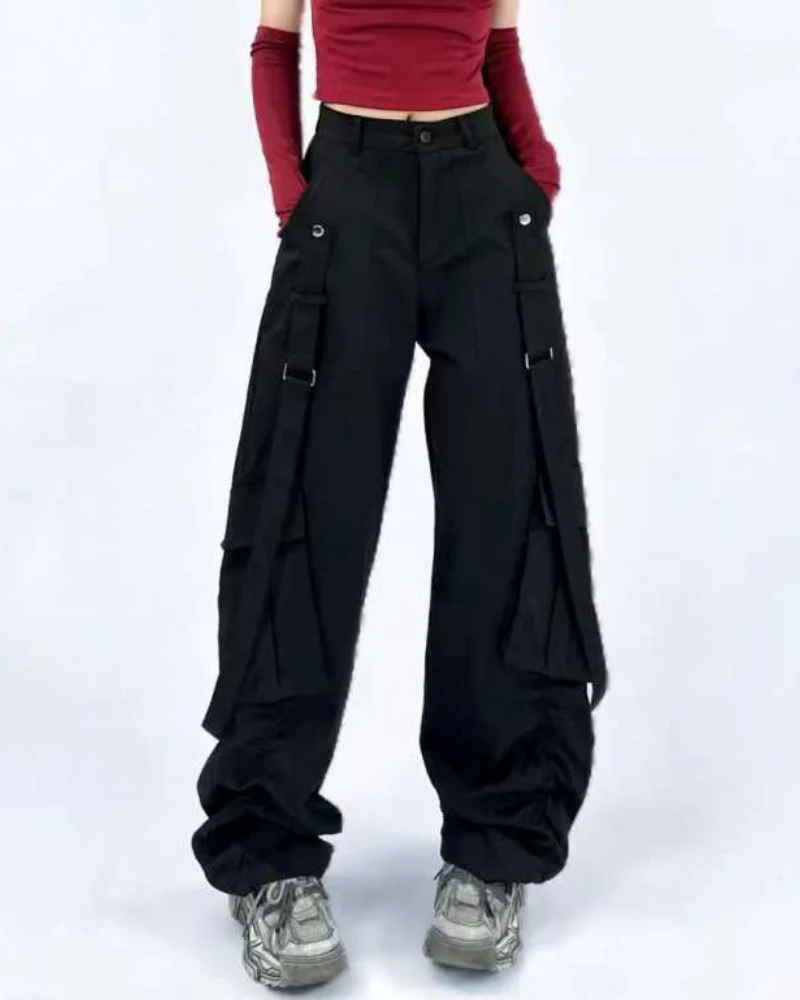 Hip-Hop Women Ribbon Wide-Leg Cargo Pants - Image 5