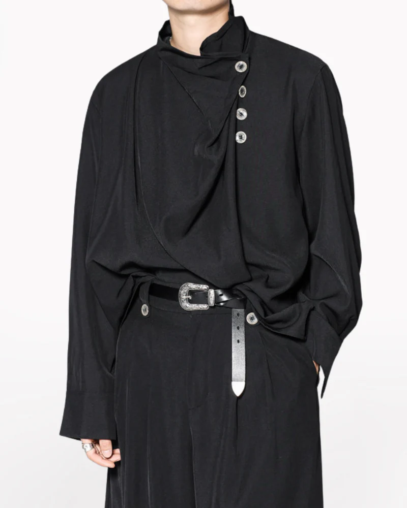Modern Japanese Half-Stand Draped Collar Long-Sleeve Shirt