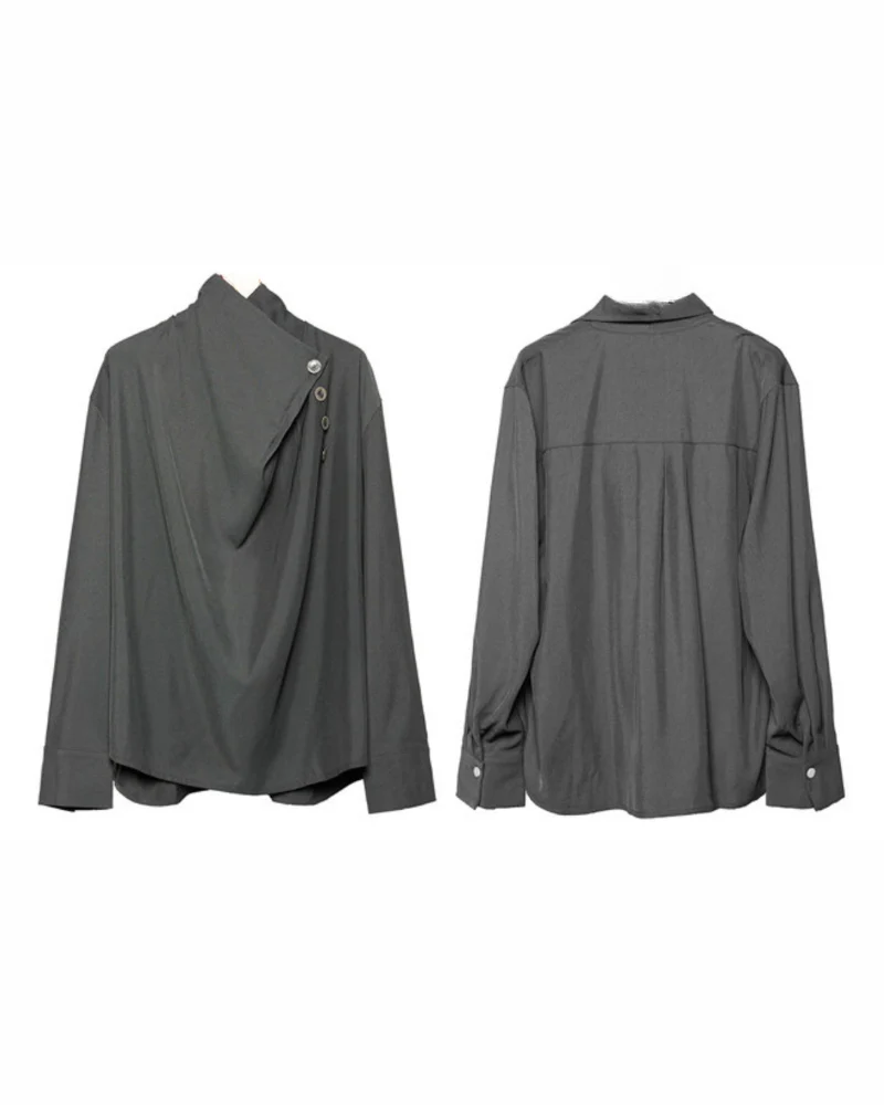 Modern Japanese Half-Stand Draped Collar Long-Sleeve Shirt - Image 11