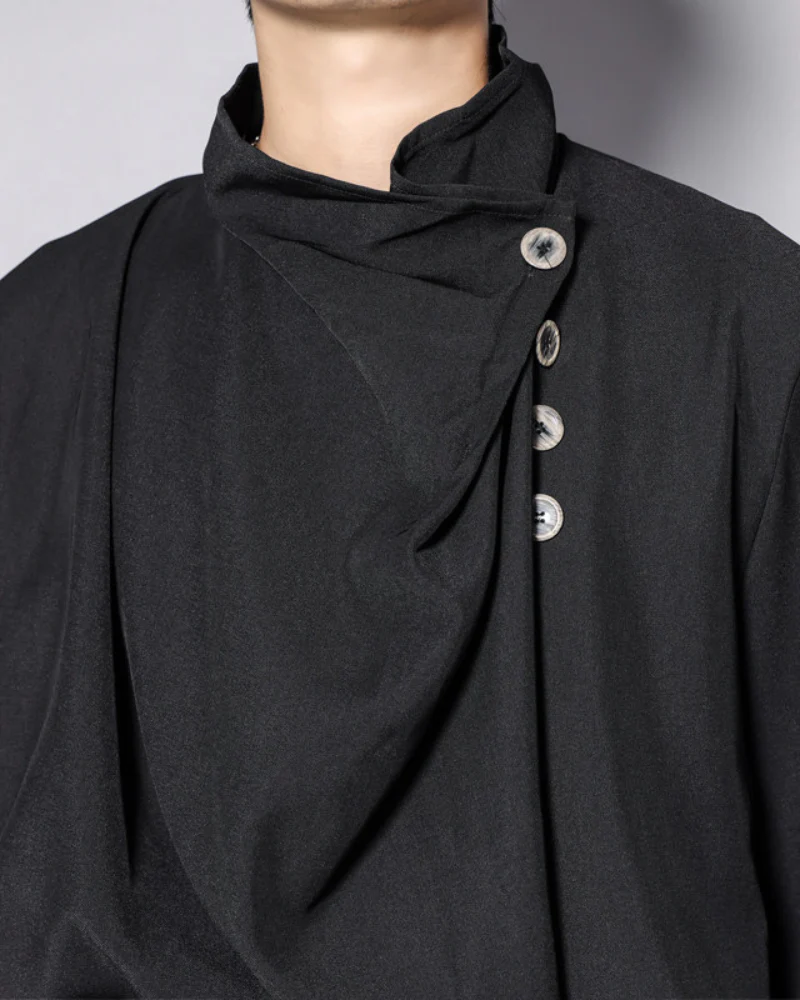 Modern Japanese Half-Stand Draped Collar Long-Sleeve Shirt - Image 4