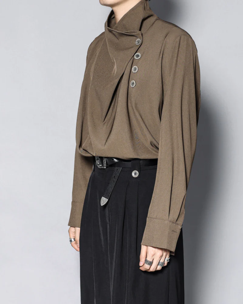 Modern Japanese Half-Stand Draped Collar Long-Sleeve Shirt - Image 8