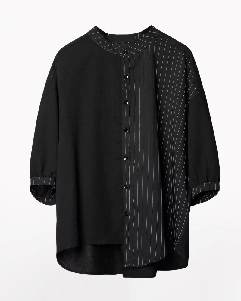 Japanese Style Asymmetrical Striped Patchwork Shirt - Image 2