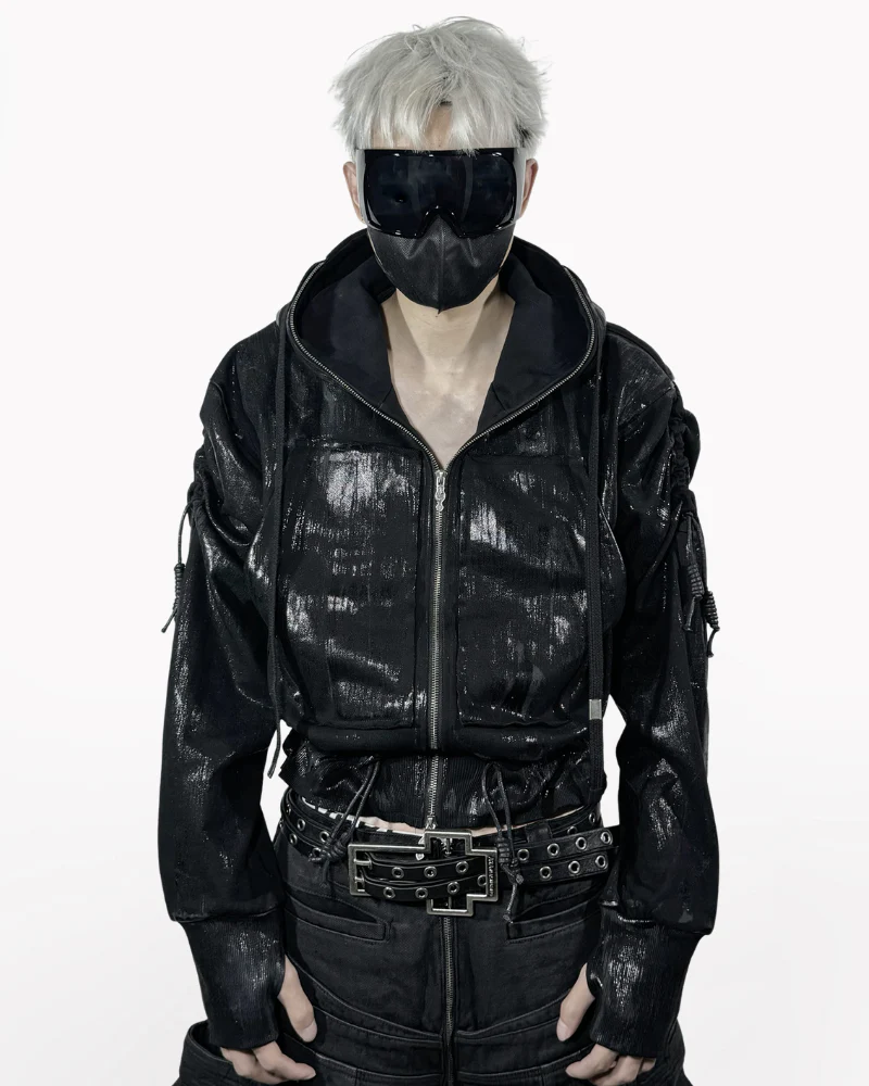 Opium Style Dark Waxed Metal–Effect Hooded Jacket - Image 2