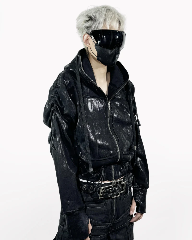 Opium Style Dark Waxed Metal–Effect Hooded Jacket - Image 3