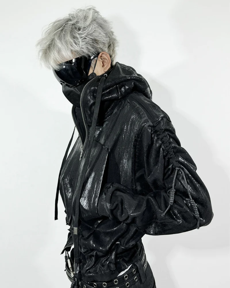 Opium Style Dark Waxed Metal–Effect Hooded Jacket - Image 6