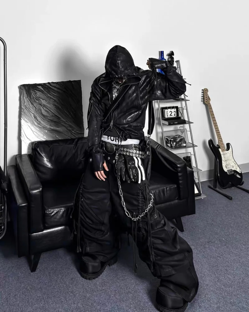 Opium Style Dark Waxed Metal–Effect Hooded Jacket - Image 9