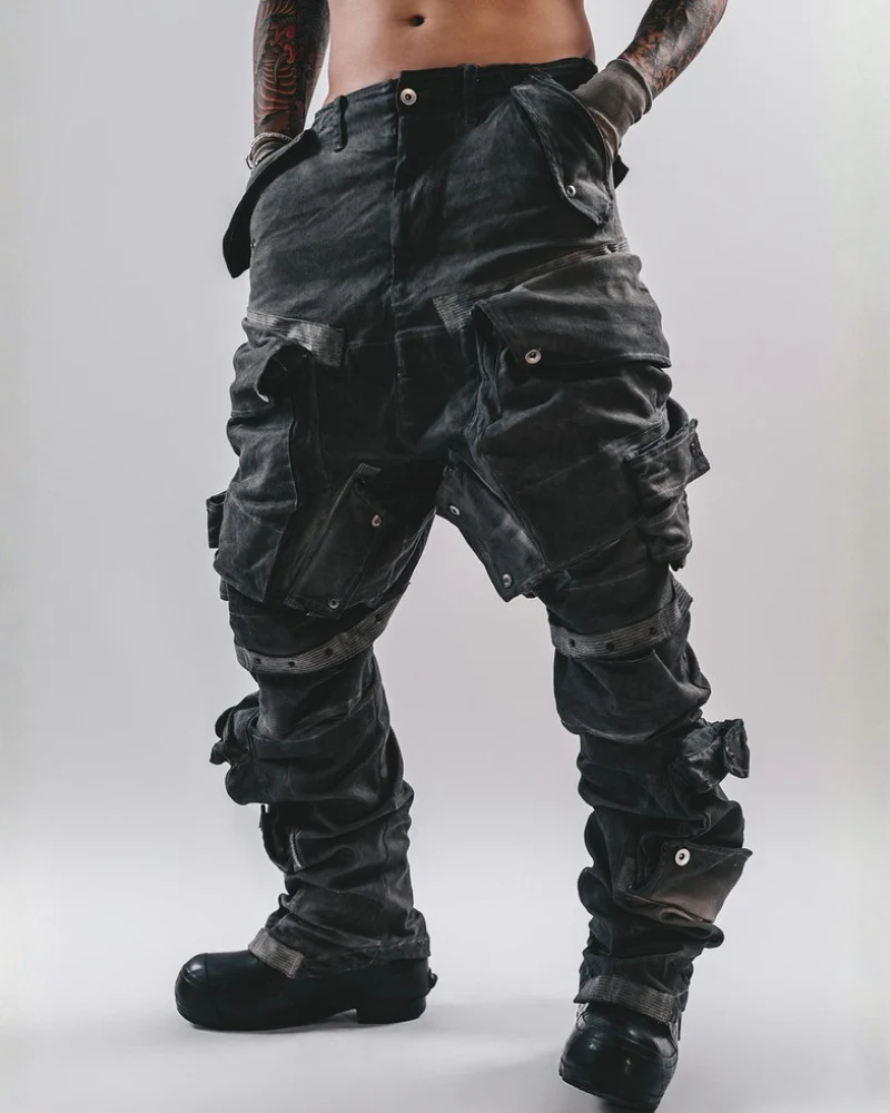 Post-Apocalyptic 3D Arc-Studded Distressed Cargo Pants - Image 2