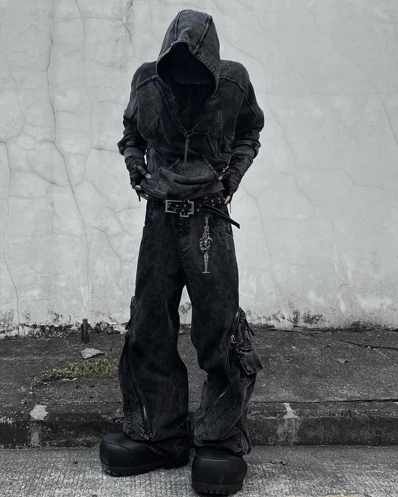 Post-Apocalyptic Geometric Panel Split Distressed Hoodie - Image 4