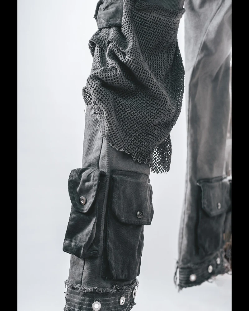 Post-Apocalyptic Washed Asymmetrical Multi-Pocket Flare Cargo Pants - Image 10