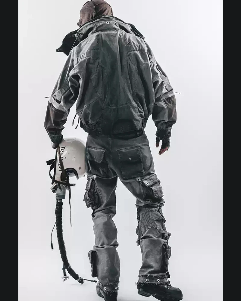 Post-Apocalyptic Washed Asymmetrical Multi-Pocket Flare Cargo Pants - Image 7