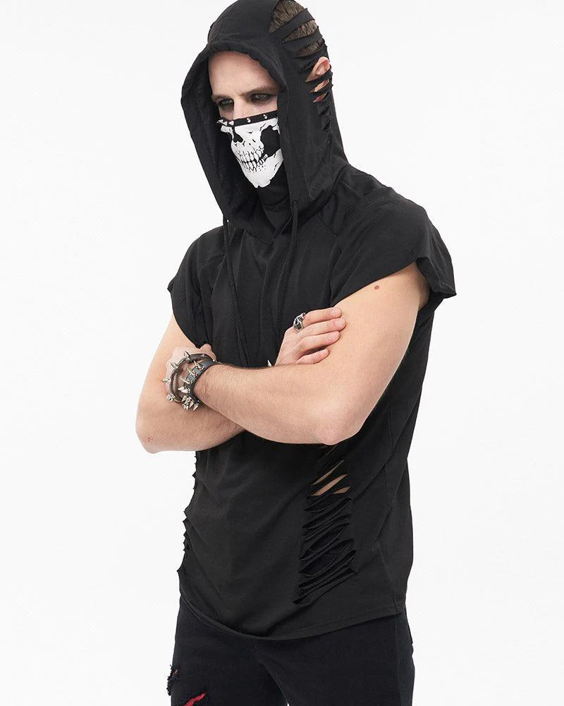 Skull Mask Tattered Sleeveless Hooded Muscle Shirt - Image 7