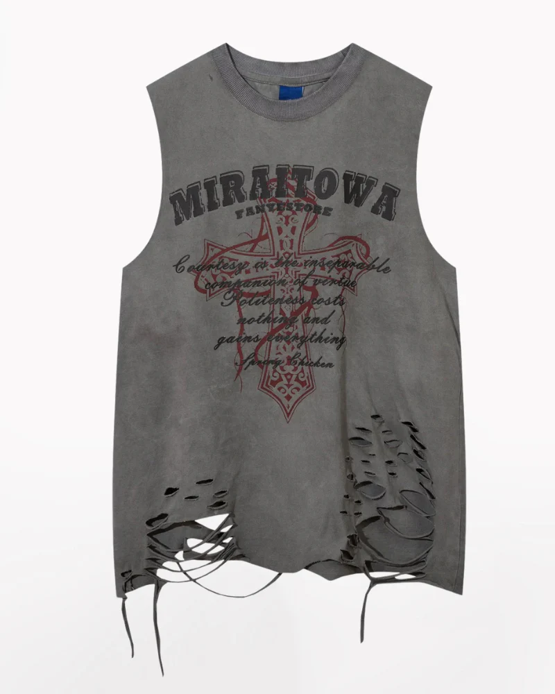 Street Distressed Washed Raw-Hem Sleeveless Shirt - Image 2