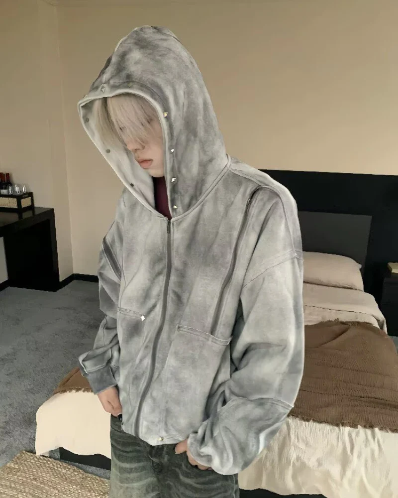 Street Style Washed “Dirty-Dye” Zip-Up Hoodie Jacket - Image 10