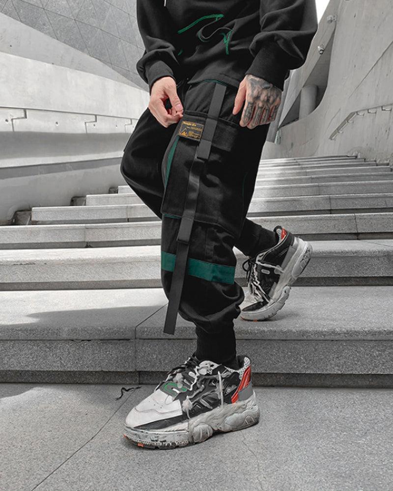 Streetwear Ribbon Patchwork Black Cargo Pants - Image 8