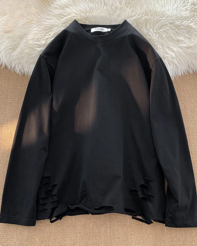Streetwear Ripped Casual Base Layer Long Sleeve T-Shirt - Image 3