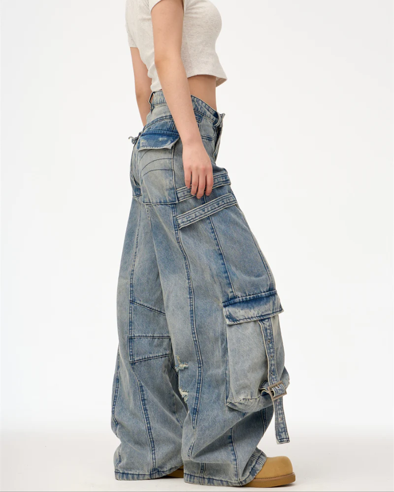 Streetwear Washed Ripped Women Denim Cargo Pants - Image 6