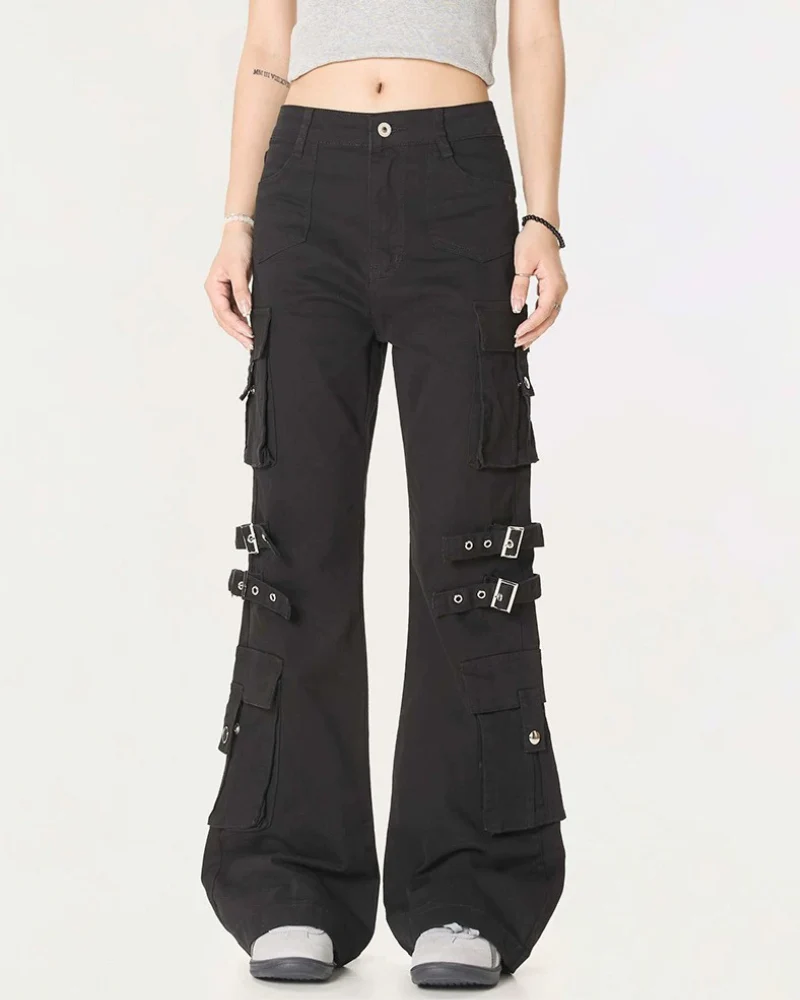Streetwear Women Buckle Strap Flared Cargo Pants - Image 6