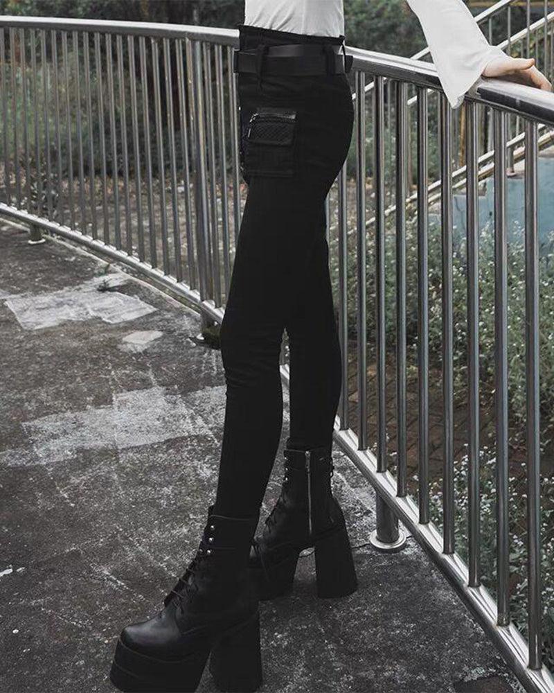Techwear Black Women Buckle Cargo Punk Pants - Image 8