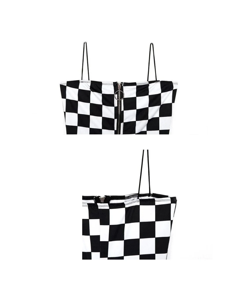 Techwear Buckle Belt Checkered Shorts Bodysuit - Image 11