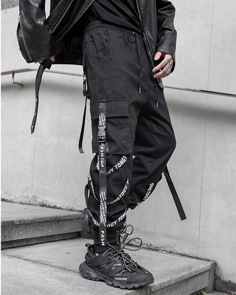 Techwear Multi-Ribbon Black Cargo Pants - Image 4