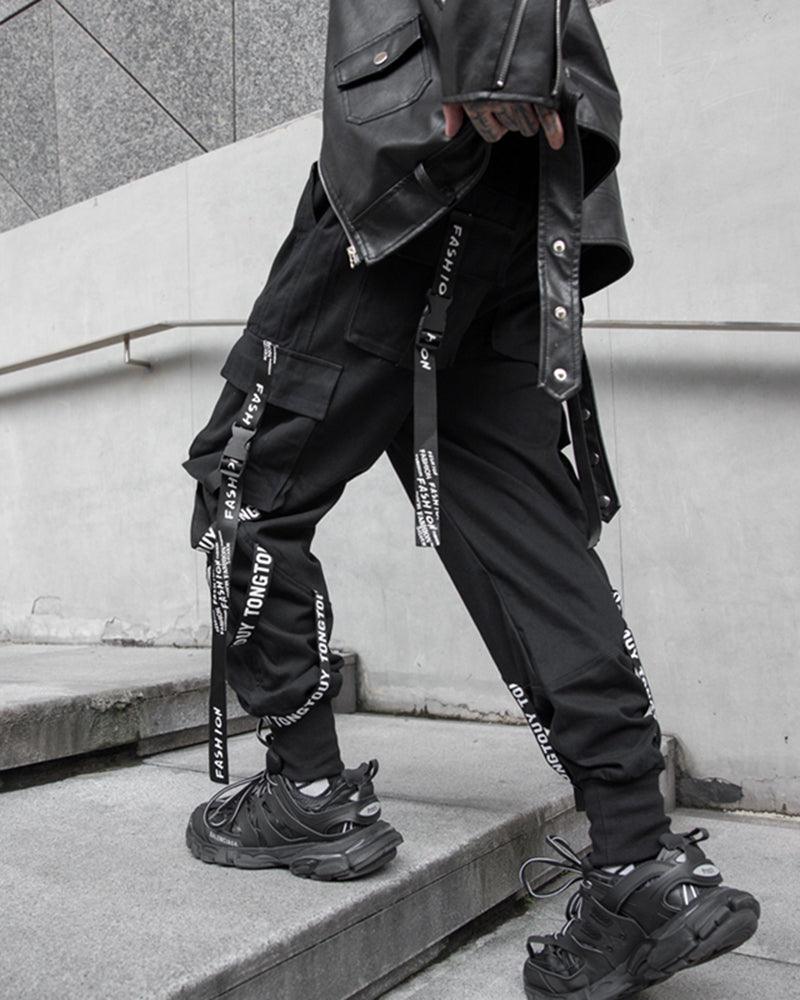 Techwear Multi-Ribbon Black Cargo Pants - Image 5