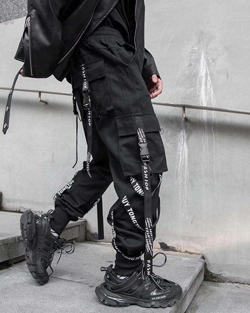 Techwear Multi-Ribbon Black Cargo Pants - Image 7