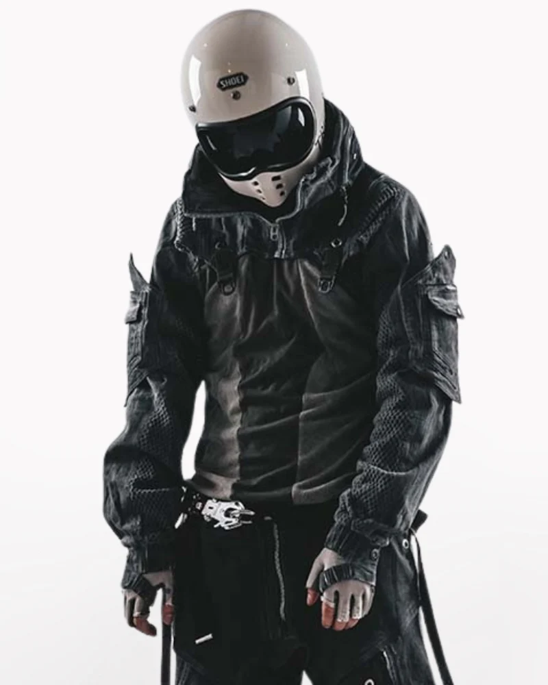 Techwear Post-Apocalyptic Hooded Mesh Color-Block Cape Jacket