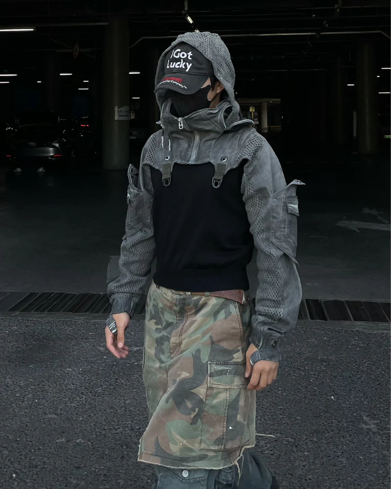 Techwear Post-Apocalyptic Hooded Mesh Color-Block Cape Jacket - Image 10