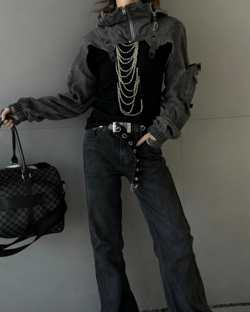 Techwear Post-Apocalyptic Hooded Mesh Color-Block Cape Jacket - Image 14