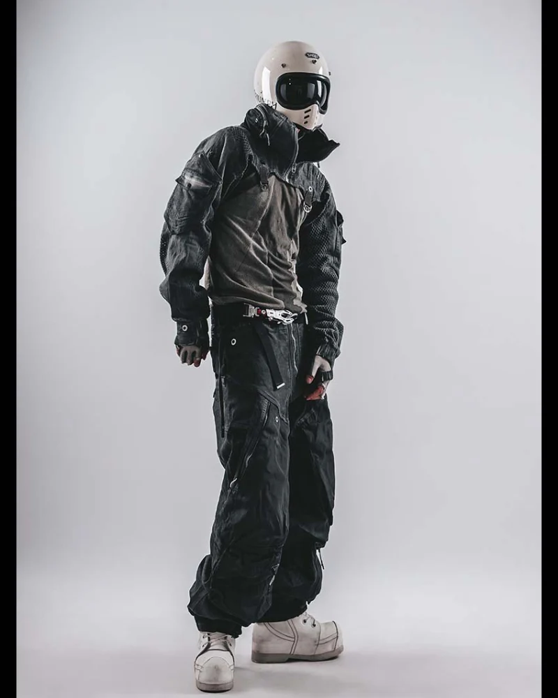 Techwear Post-Apocalyptic Hooded Mesh Color-Block Cape Jacket - Image 6