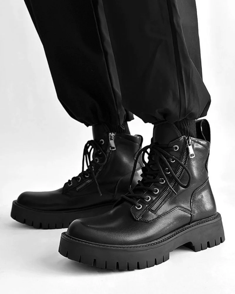 Techwear Side Zip High-Top PU Motorcycle Boots - Image 2