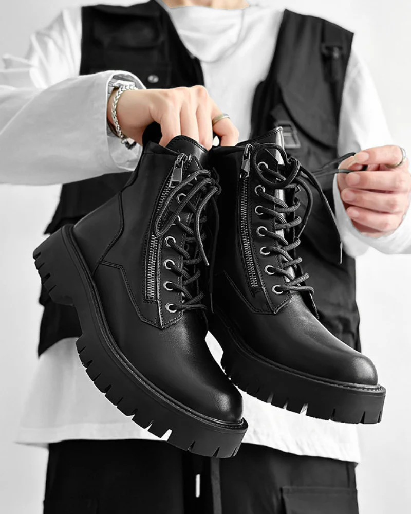 Techwear Side Zip High-Top PU Motorcycle Boots - Image 5