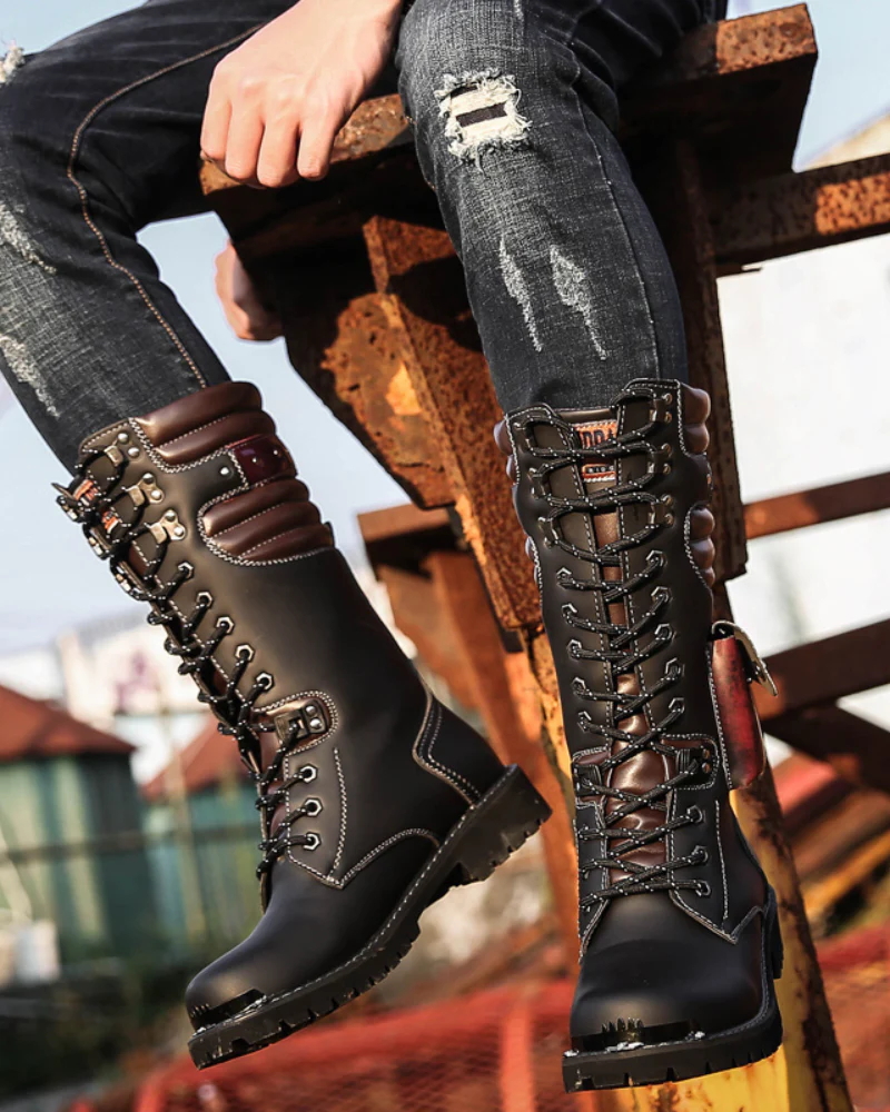 Techwear Unisex Motorcycle Black Knee High Boots - Image 2