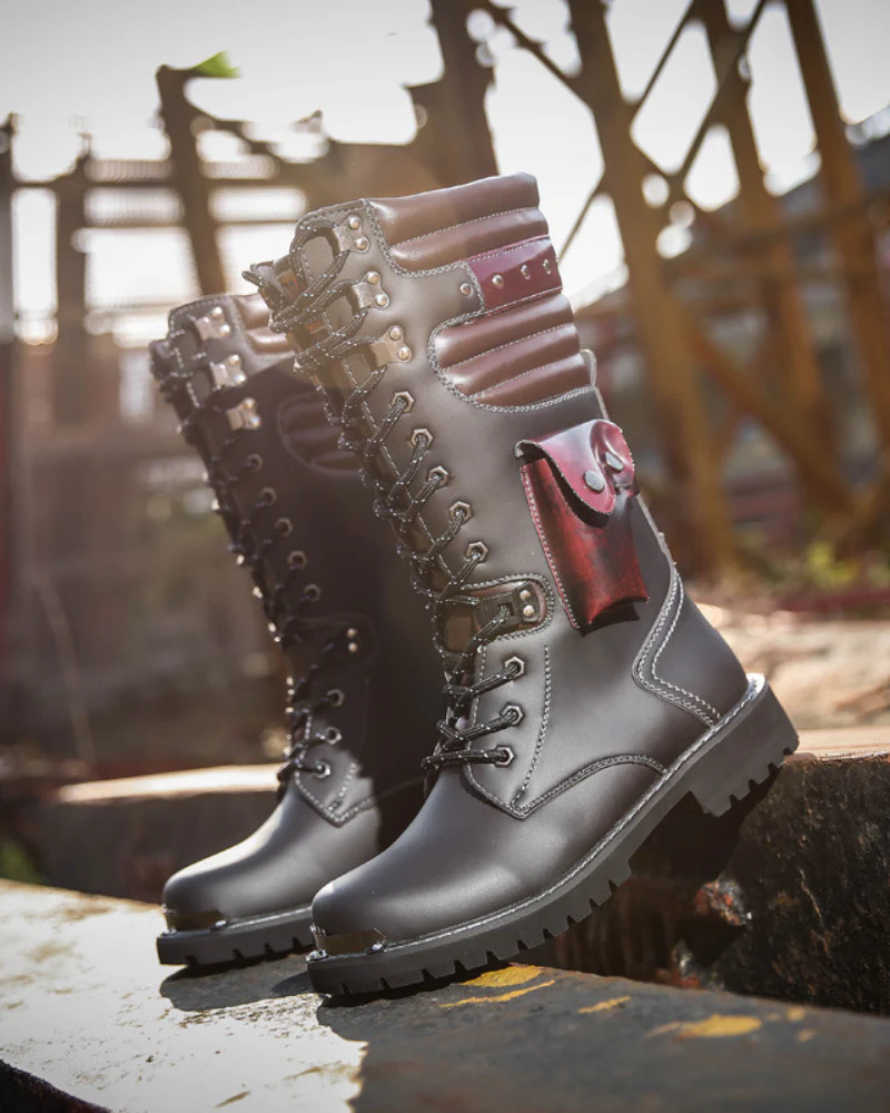 Techwear Unisex Motorcycle Black Knee High Boots - Image 6