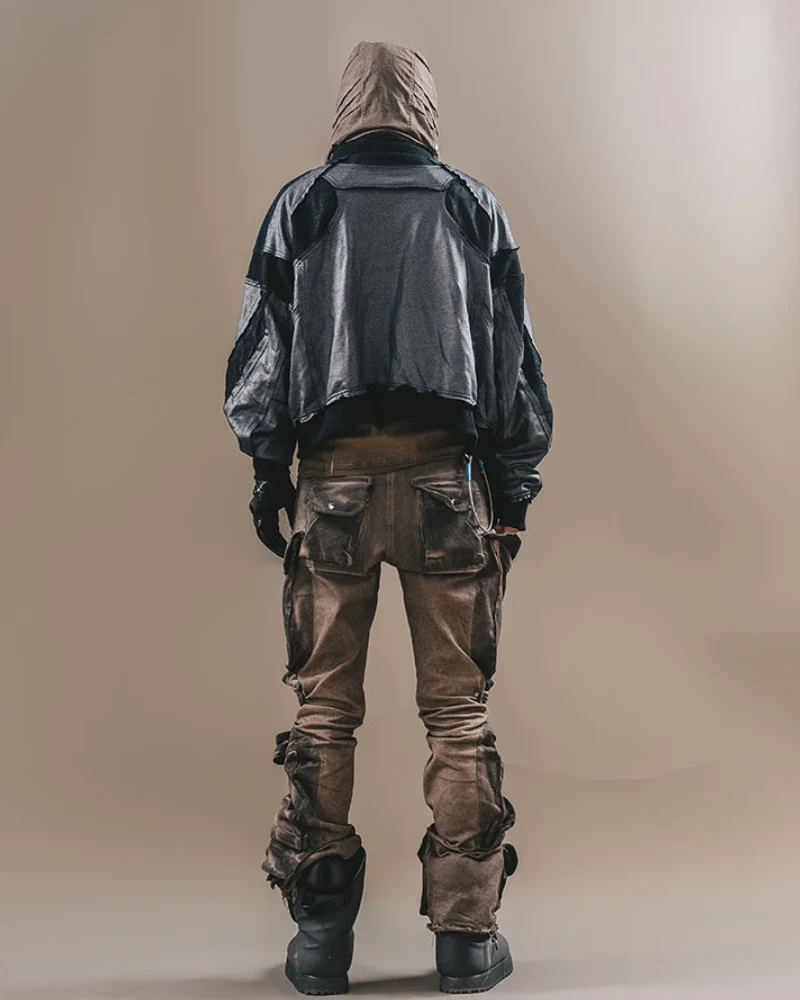 Wasteland-Style Distressed Layered Patchwork Zip-Up Hoodie - Image 10