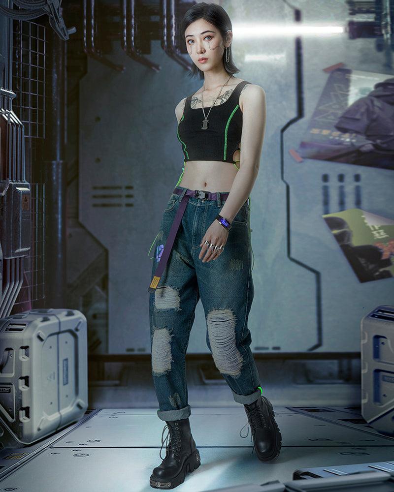 XIPHEVIL Cyberpunk Laser Destroyed Unisex Y2K Jeans - Image 12