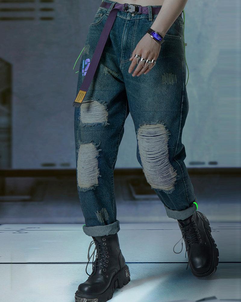 XIPHEVIL Cyberpunk Laser Destroyed Unisex Y2K Jeans - Image 5